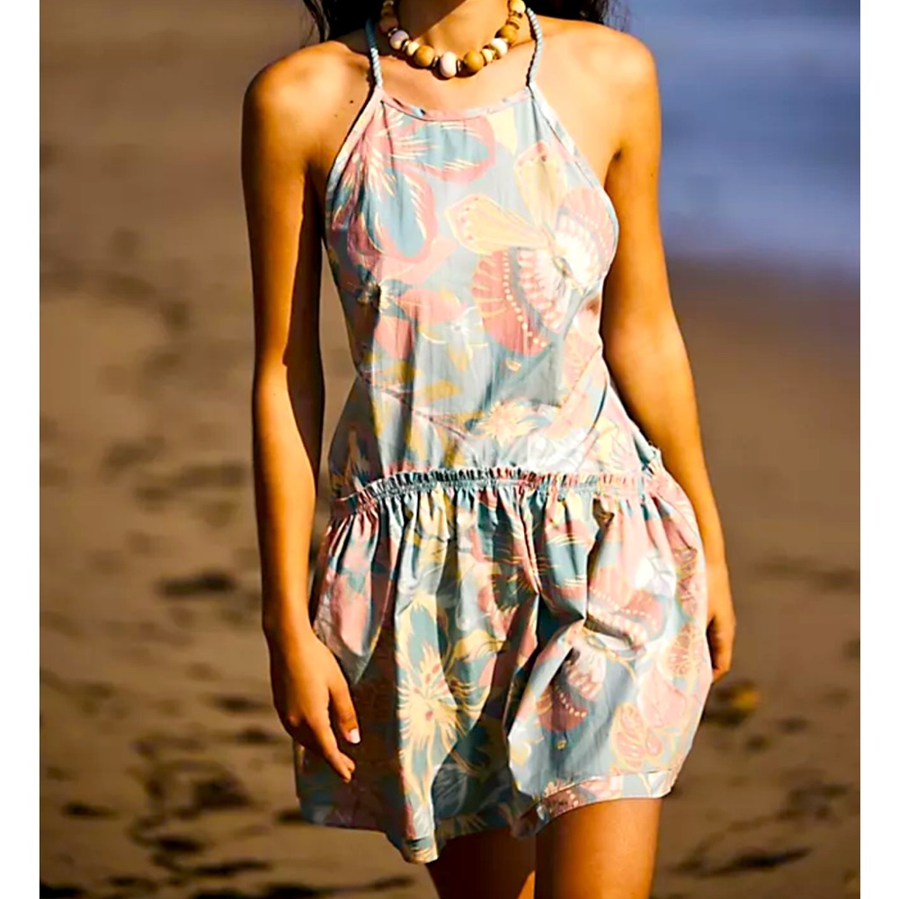 Free People Pastel Floral Mini Dress in Blue and Pink
